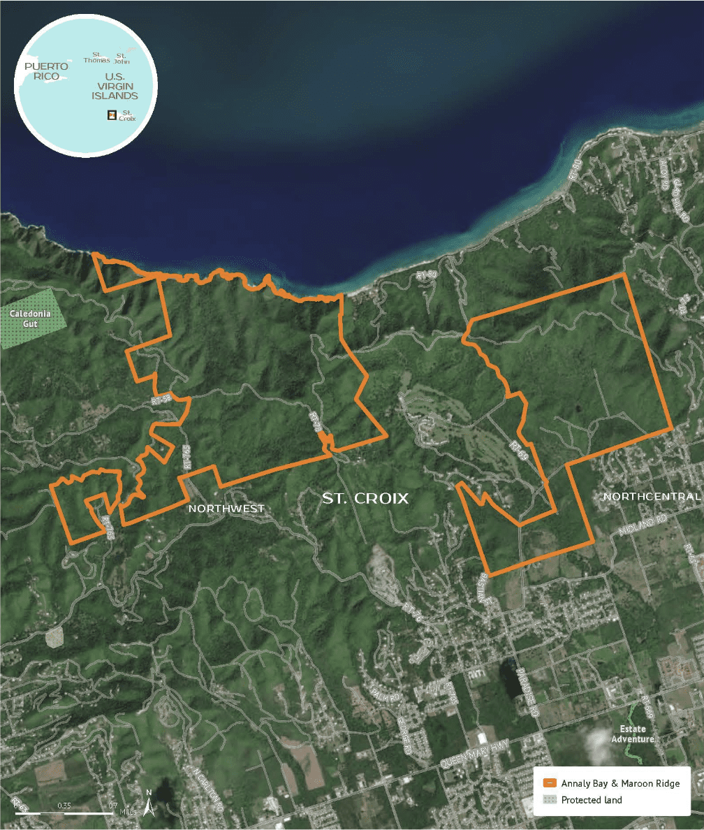 A map shows Maroon Country land that will be preserved as part of the Territorial Parks system. Olasee Davis has championed the cause for decades, and writes about when he learned that the acquisition was successful. “The government officials went a step further and said, ‘you can't die now’ and advised me not to tell anyone about the news until the federal government announced that more than 2,000 acres of the Great Northwest on St. Croix will be protected as part of the Virgin Islands Territorial Park along with lands on St. Thomas and St. John.” (Photo by Trust for Public Land and DPNR, Division of Territorial Parks & Protected Areas)